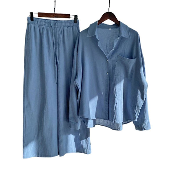 Damer Damer Casual 2-delad blus outfit Bomull Linne Långärmad skjorta med knappar Topp + Wide Ben Byxor Lounge Set Blue M