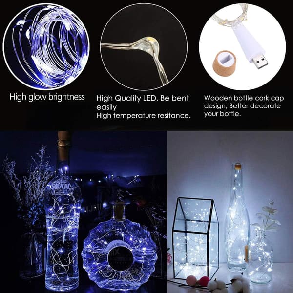 LED-vinflaskeljus, (Kallvit, 3-pack) USB-uppladdningsbara, inga batterier