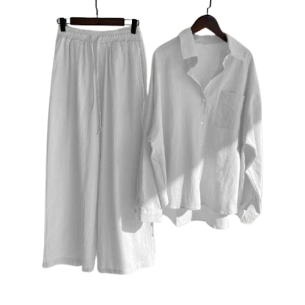 Damer Damer Casual 2-delad blus outfit Bomull Linne Långärmad skjorta med knappar Topp + Wide Ben Byxor Lounge Set White M