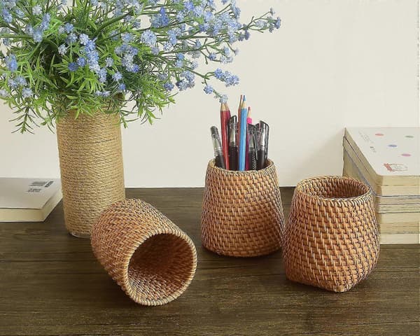 Håndlavet Makeup Børsteholder Blyantholder til Skrivebord, Rattan Pen Kop (cylinder)