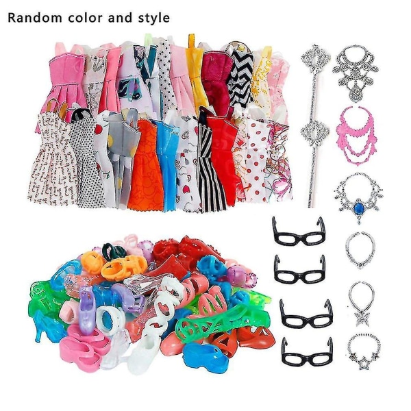 32st/ Set med docktillbehör=10st Dockkläder Klänning+4 glasögon+6 plasthalsband+2 handväska+10 par barbieskor