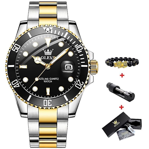 Olevs Genuine Quartz Watch For Herr Rost Stål Vattentät Watch Auto Date Klocka Armbandsur Lyx Relogio Masculino5885 Gold black face