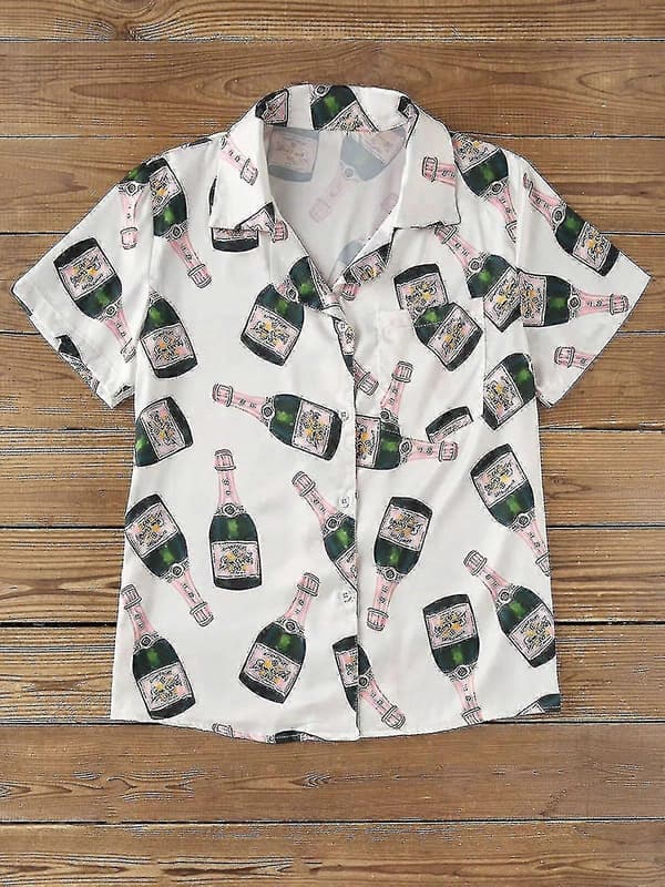 Champagneflaskor Pyjamas Set Dam Tryckt Kortärmad 2 Delar Mjuk Lös Casual Sovkläder Bekväma Hemkläder