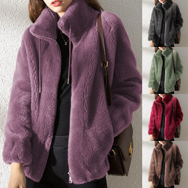 Dam fleece fluffig Teddy Bear Coat Plain Pocket Jacka Ytterkläder Grå 2XL