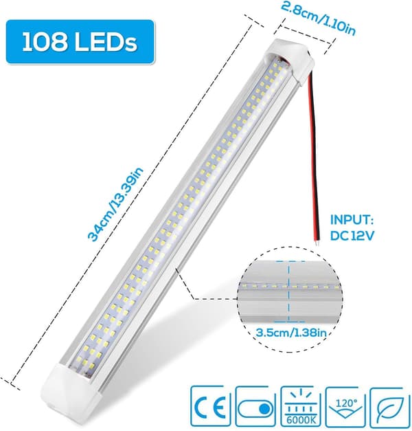 12V Indvendig LED-lysstang, 108 LED Universal Strip Light med O