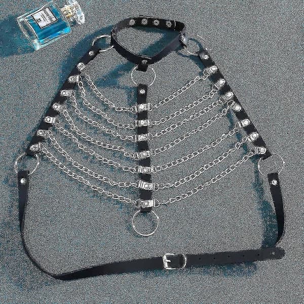 Punk Lagdelt Kropskæde Sort Læder BH Bur Harness Choker BH Kæder Gotisk