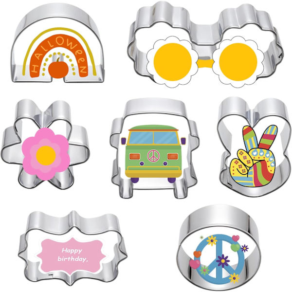 7 deler mini metall kakeutstikkersett - fredstegn Groovy baking