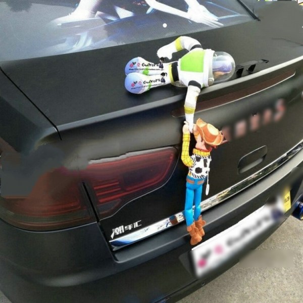 Bil tak dekoration docka bil svans rolig docka bil exteriör dekoration present till far (Buzz rescue Woody (med huva))