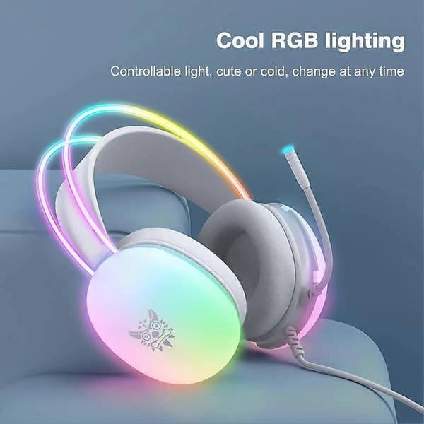 ONIKUMA Gaming Headset med RGB Dynamisk Belysning Kablet Over-Ear Headset med Støyreduserende Mikrofon for PC Hvit