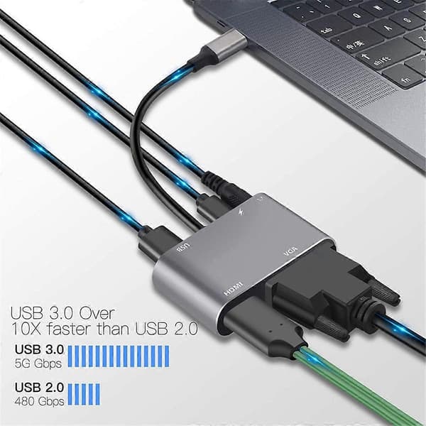 USB C Hub 5 i 1 Typ C 3.0-adapter till 4K-kompatibel VGA USB 3.0 PD snabbladdningssplitter för bärbar dator