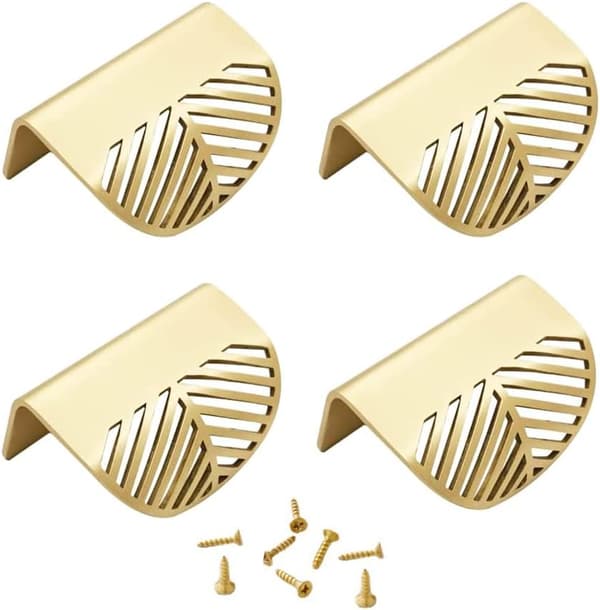 4 stycken guld skåpsdrag, bladformade skåpsdrag, dolda