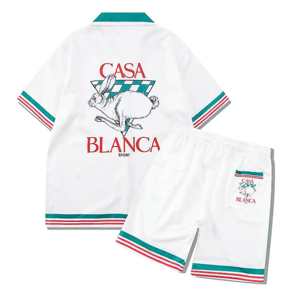 Färgglada Stripe Mountain Stadium Print Casablanca Tennis Club Shorts Skjorta Set Sommar Män Kvinnor Hip Hop Hawaii Beach Suit 4 S