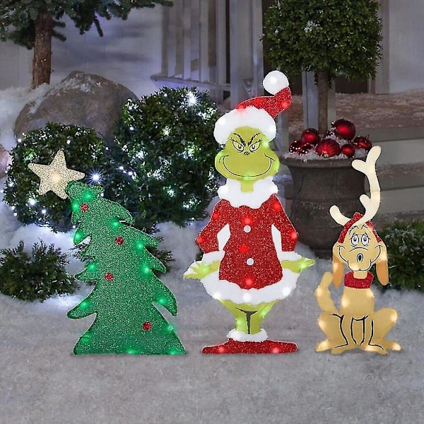 3-pack Julgran Grinch-set med belysning - Juldekoration för trädgård C