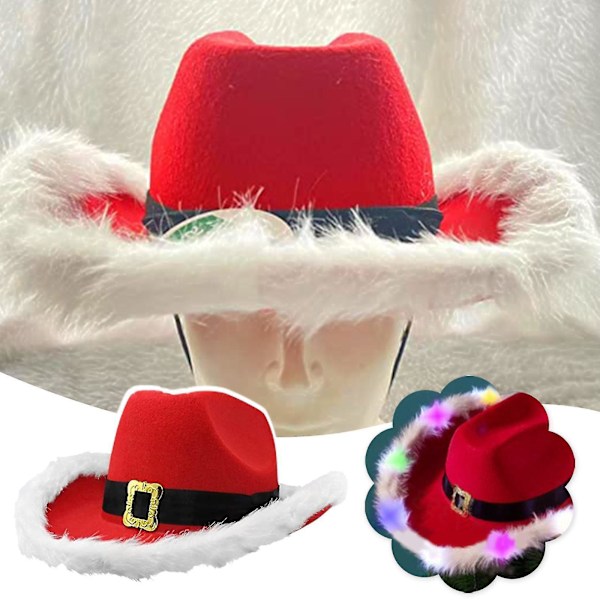 LED Punainen ja valkoinen jouluinen cowboy-hattu Joulupukki Länsimainen loma-hattu Cowboy Joulupukki-hattu Välkkyvä länsimainen jouluhattu TA Multicolor