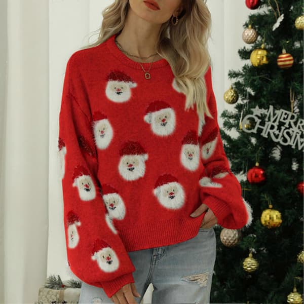 Dame Julemand Strikket Sweater Rund Hals Langærmet Sjov Pullover til Efterår Vinter Rød M