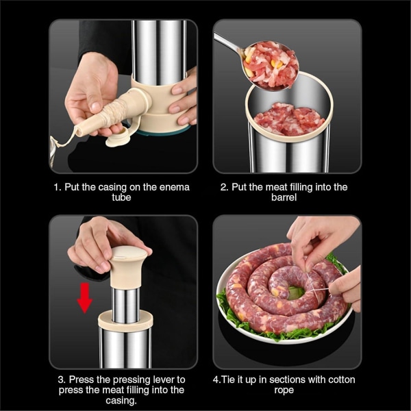 Pølsestopper, Pølsemager, Rustfrit Stål Pølsestopper til Hjemmet med 4 Stoprør, Hjemmelavet Pølsemager Hurtig Pølsefyldning