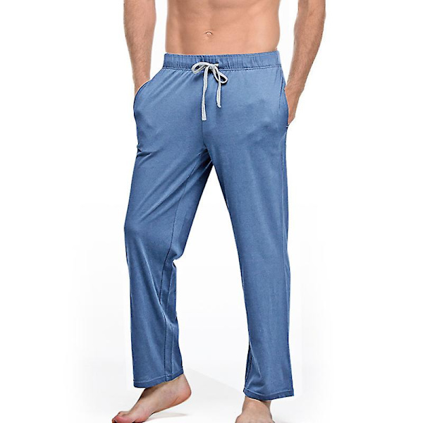 Herr bomulls pyjamas andningsbara enfärgade hemmakläder loungebyxor Blue L