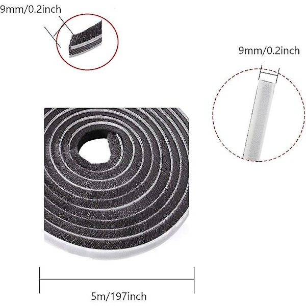 10m borstlist, vind- och dammtät självhäftande borsttätning för flyttbara fönster och dörrar, 9 mm bredd x 9 mm höjd (svart) Cisea