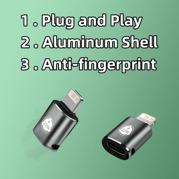 USB-C - Lightning-sovitin, USB-C-kaapeli, tukee 20W PD:tä ja datansiirtoa