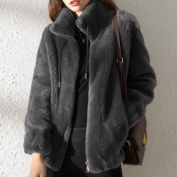 Dam fleece fluffig Teddy Bear Coat Plain Pocket Jacka Ytterkläder Grå M