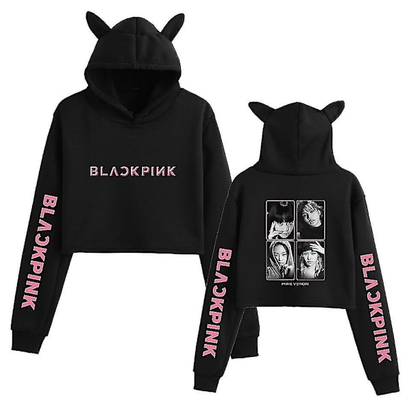 Svart Rosa koreansk grupp perifert printed Casual Navel-baring Cat Ears Sweatshirt för flickor Black C M