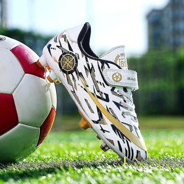 Børne Ungdom Turf Fodboldstøvler Sko Indendørs Fodbold Casual Udendørs Sport X1577a WhiteGold 28