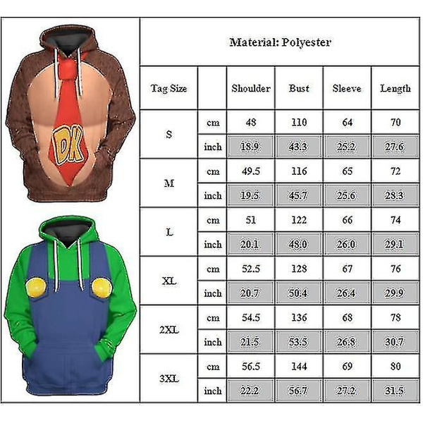 Super Mario Hoodies för Vuxna Kvinnor och Män - Vinterkostym, Huvtröja, Pullover Luigi M