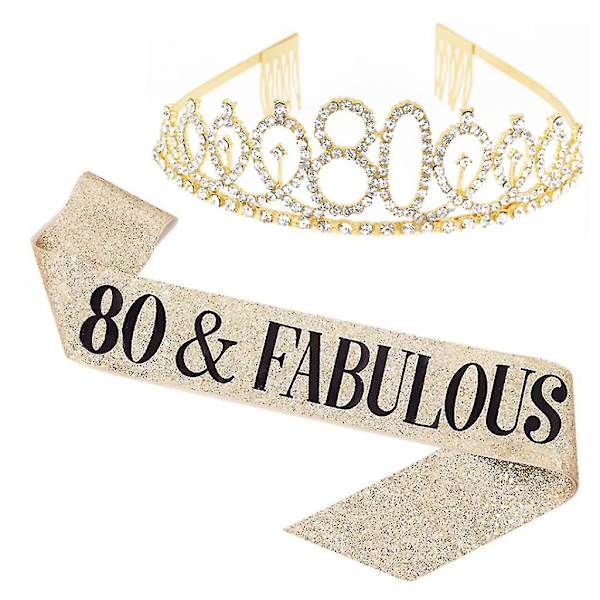Kvinnor glittrande Rhinestone Brev Print Sash Tiara Set födelsedag Gyllene 80 år gammal