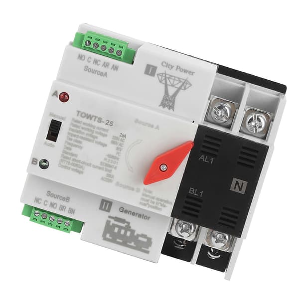 Automatisk dobbel strømbryter 2P 8KV 2 moduser strømoverføringsbryter for hjemmefabrikk kontor AC 220V 25A