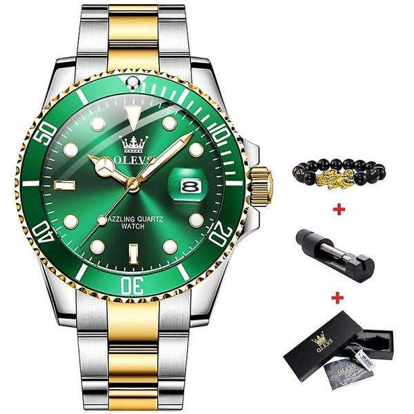 Olevs Ekte Kvarts Klokke For Menn Rustfritt Stål Vanntett Sportsklokke Auto Datoklokke Armbåndsur Luksus Relogio Masculino5885 Gold green face