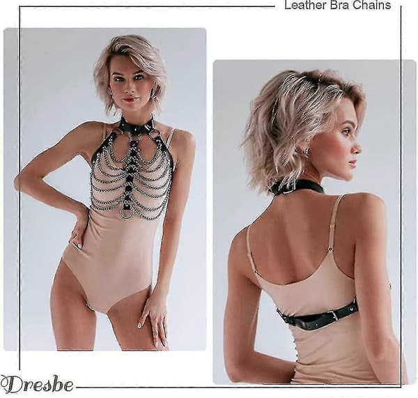 Punk Lagdelt Kropskæde Sort Læder BH Bur Harness Choker BH Kæder Gotisk