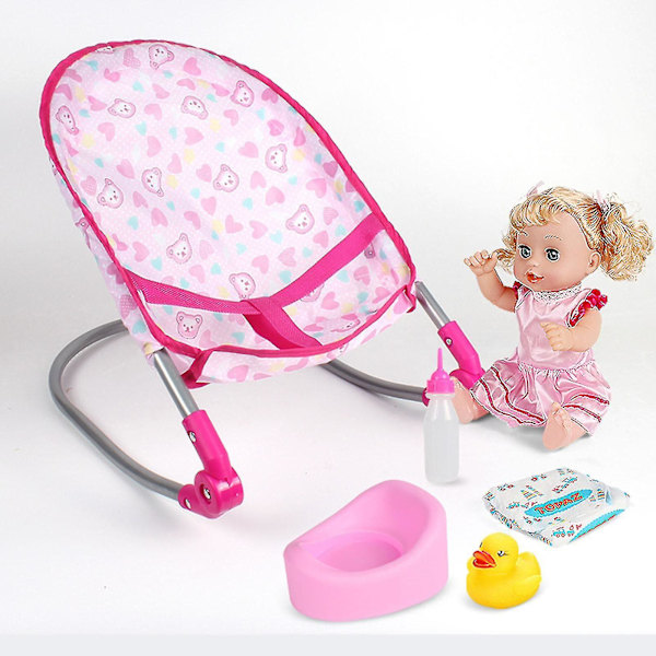 Babydukke Lekesett Med Sammenleggbar Dukkektralle, Dukkeseng, Dukkestol, Huske Babydukke Tilbehør, 100% Ny swing