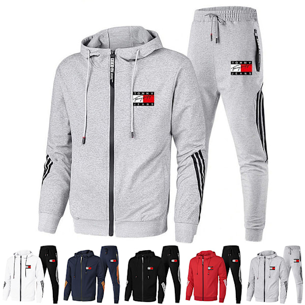 Herr TomyJeans Sport Hoodie Tracksuit Sett Langermet Hel Glidelås Hoodie Sweatshirt Jakke + Joggebukser Sweatpants Antrekk Lommer Light Grey qd Light Grey 2XL