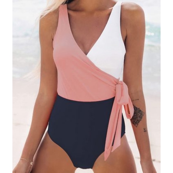 Women's Wraparound Color Block Knotted One-Piece Swimwear XL