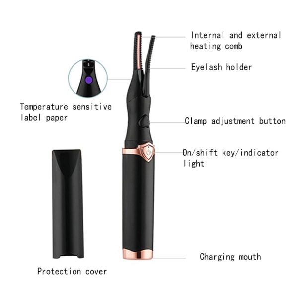 3 Temperaturläge Uppvärmda ögonfransar Curling Tool USB Naturlig Black
