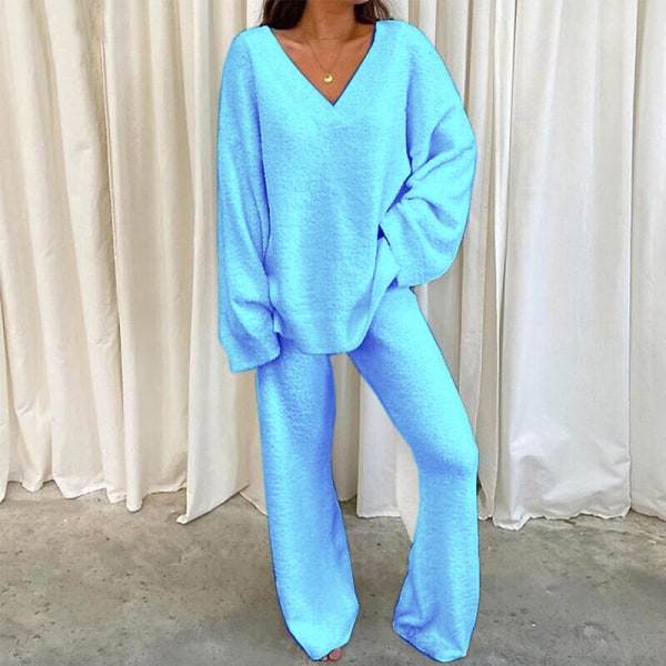 Tvådelad klädsel med bred ben för damer Polar Fleece V-hals Lounge Set Light Blue XL