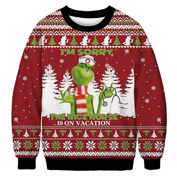 Jultröja för kvinnor, män och par - Grinch-tryck, rund hals, pullover, långärmad, grön monster E L