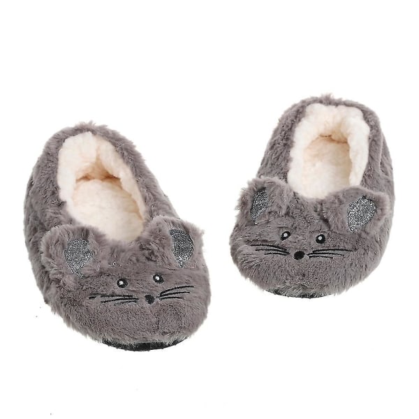 Hem Fuzzy Tofflor Kvinnor Vinter Päls Bomull Varm Plysch Halkfri grepp Inuti Fluffig Lata Kvinna Mus Öron Broderi Golvsko Gray 39to41