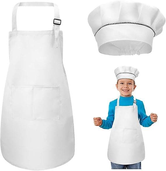 Barnförkläde och kockmössa set, justerbart barnförkläde med 2 fickor för pojkar flickor, för matlagning bakning målning(7-13 år)