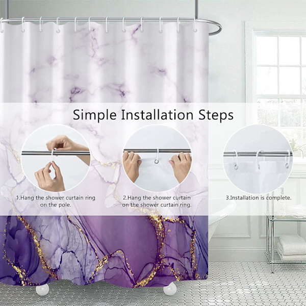 Marmor badrum duschdraperi lila guld tyg duschdraperier med krokar akvarell abstrakt duschdraperi foder 72x72 tum Purple 72x84 inch