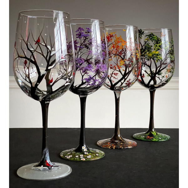 Fire Seasons Tree Vinglass Spring Sommer Vinter Høst Sett Med Fire Håndmalte Kunst Unik Bryllup Jubileum Bursdag Innflyttingsgave Autumn 1pc