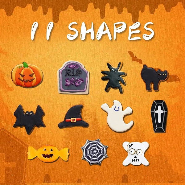 11-delers halloween-kakeutstikkere i rustfritt stål - gresskar, heksehatt, spøkelse, flaggermus, katt, edderkopp, hodeskalle, kistedesign