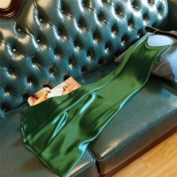 Slipklänning med fransk satin V-ringad enfärgad mode lös Green L