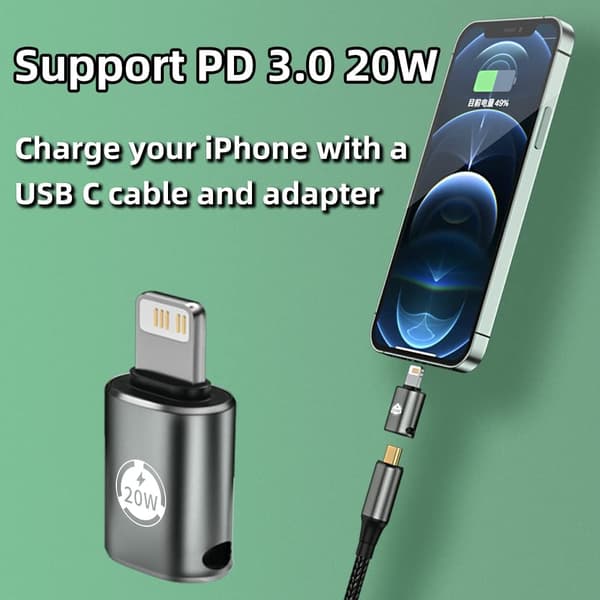 USB-C - Lightning-sovitin, USB-C-kaapeli, tukee 20W PD:tä ja datansiirtoa