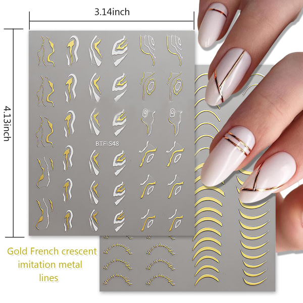 336 stk. fransk nail art, 6 ark 3D selvklæbende