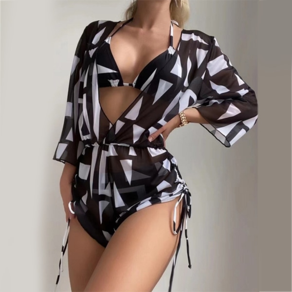 Halter set för kvinnor med cover Sexig spetsad baddräkt Mode med print Baddräkt Romper 3 delar Badkläder Black XL