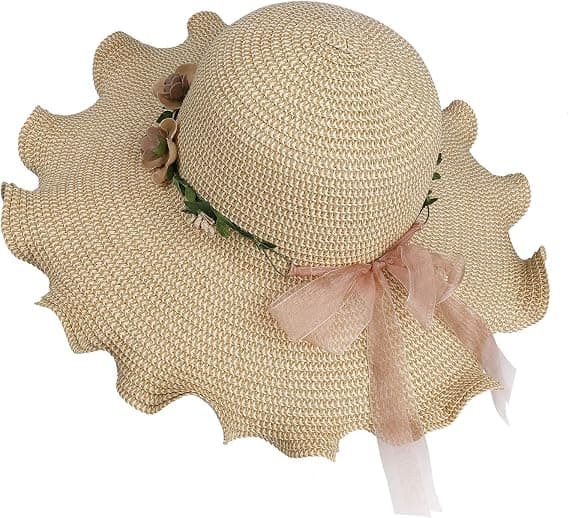 （57cm）Dame Straw Hat Bred Brim Solhat UV Beskyttelse Sommer Fol