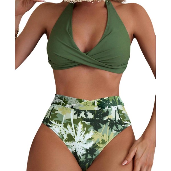 Kvinnors högmidjade set Halterneck baddräkt strandbaddräkt badkläder Green S