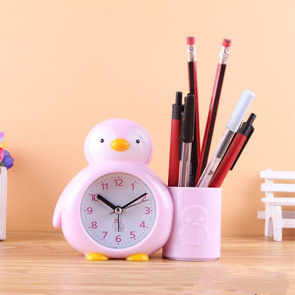 Barnväckarklocka, Pingvin Pennahållare, Väckarklocka, Skrivbordsklocka, Sängbord Timer, Väckarklocka, Studentpresent - Rosa qd