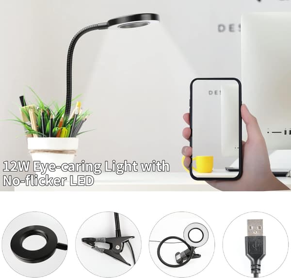 Bokklips Leselampe, 5W 48 LED Klipslampe, Dimbar Klipslampe